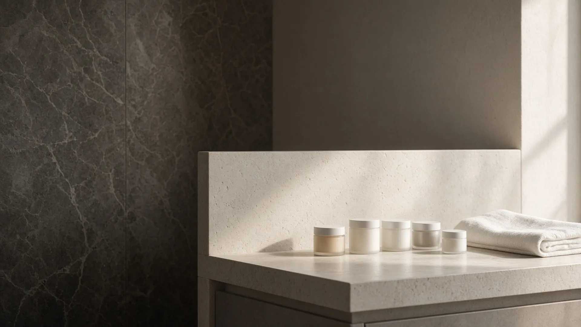 Unlabeled jars and a folded towel on a limestone vanity
