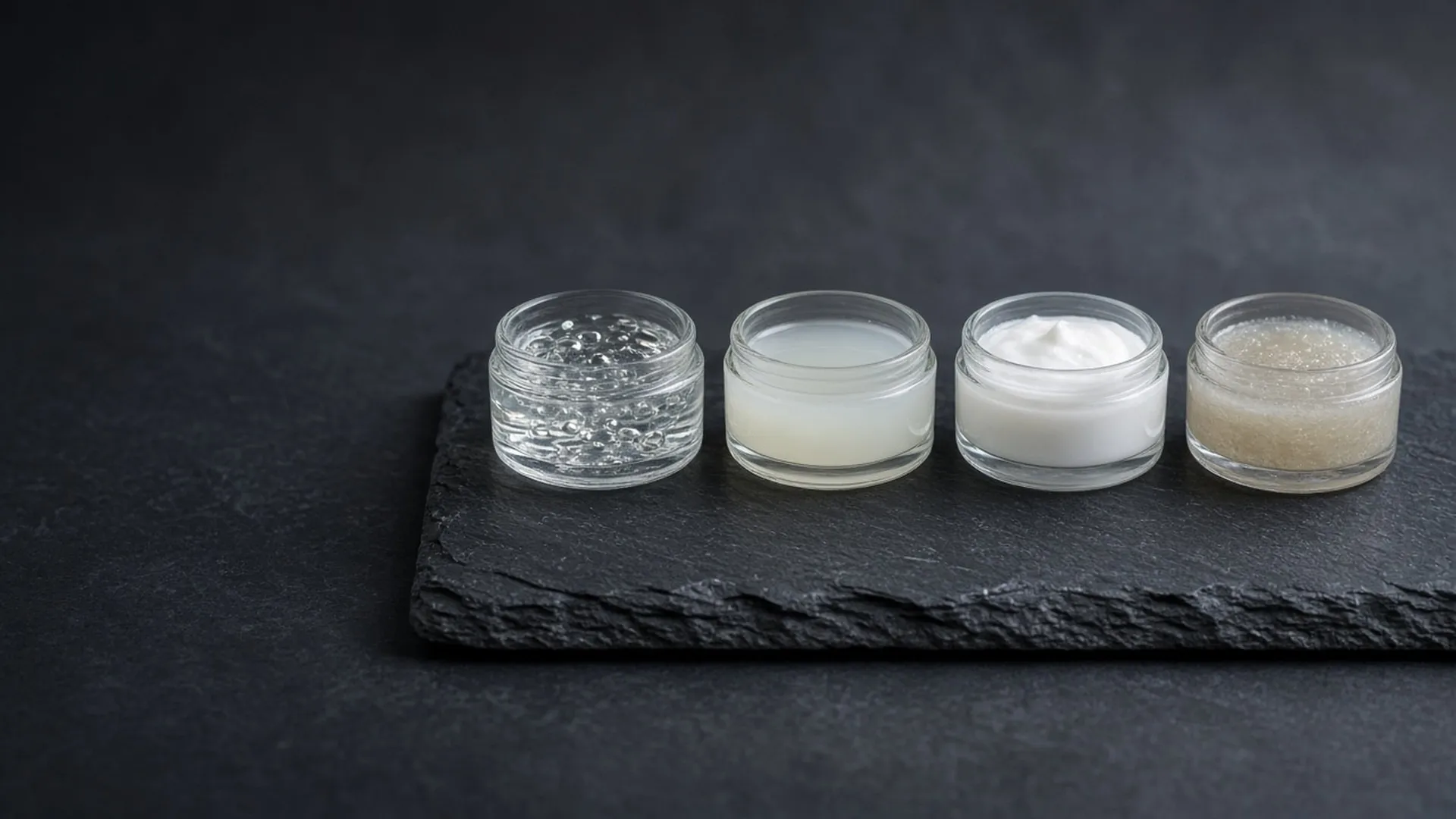 Four textures in glass dishes on a slate tray