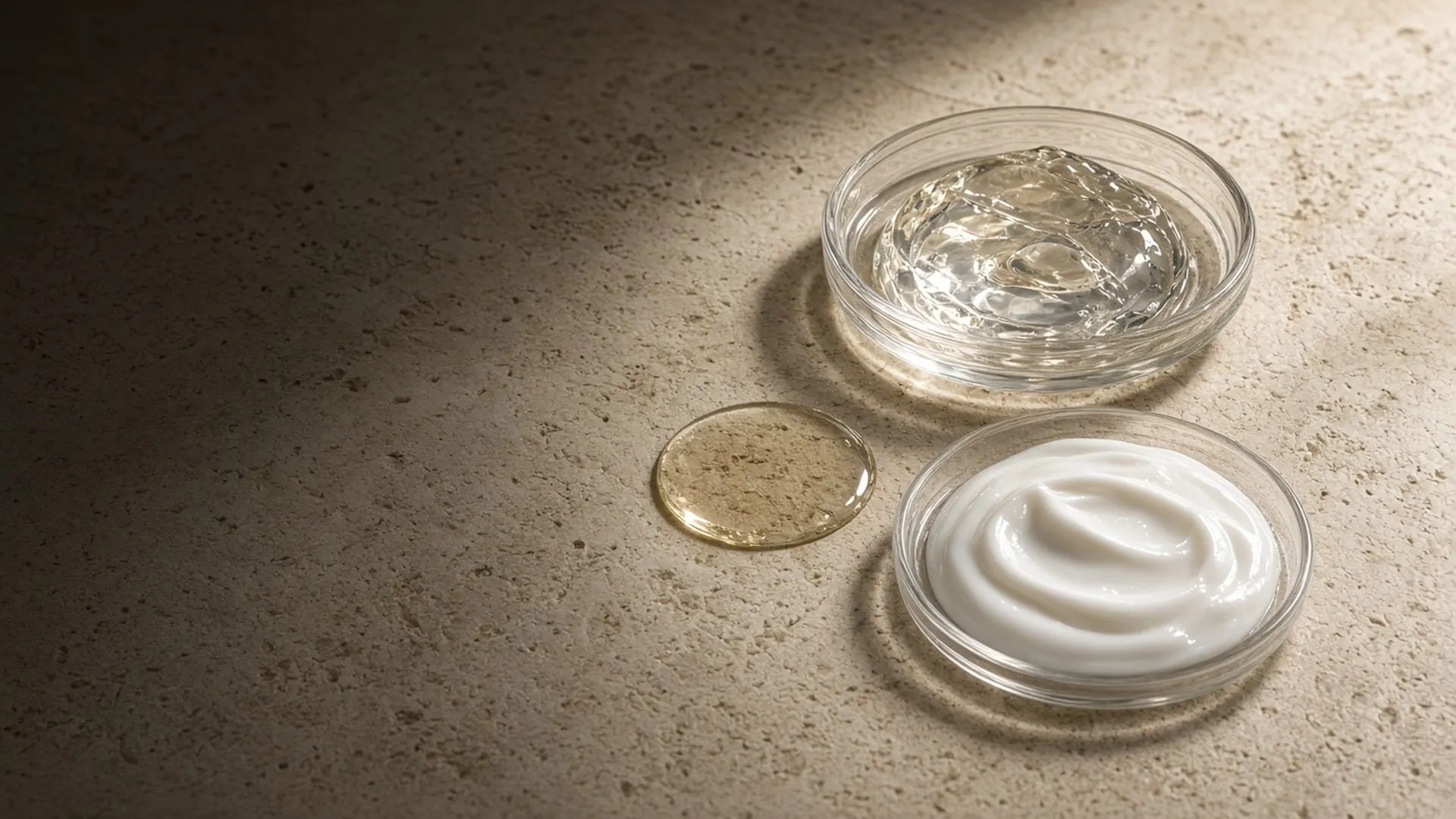 Clear gel, white cream, and clear oil on travertine