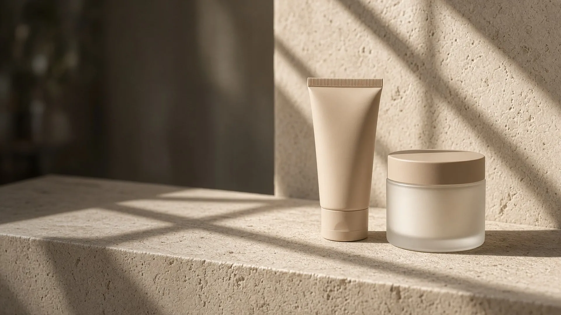 A plain tube and a frosted jar on a sunlit stone ledge