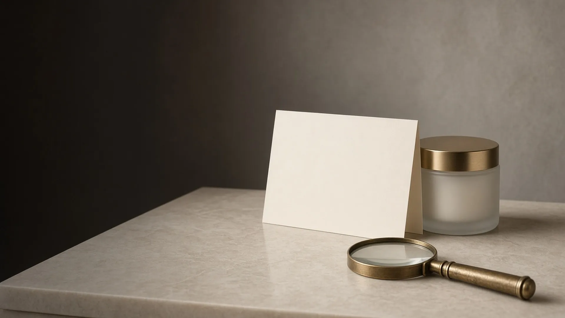 A blank card, a frosted jar, and a magnifying glass