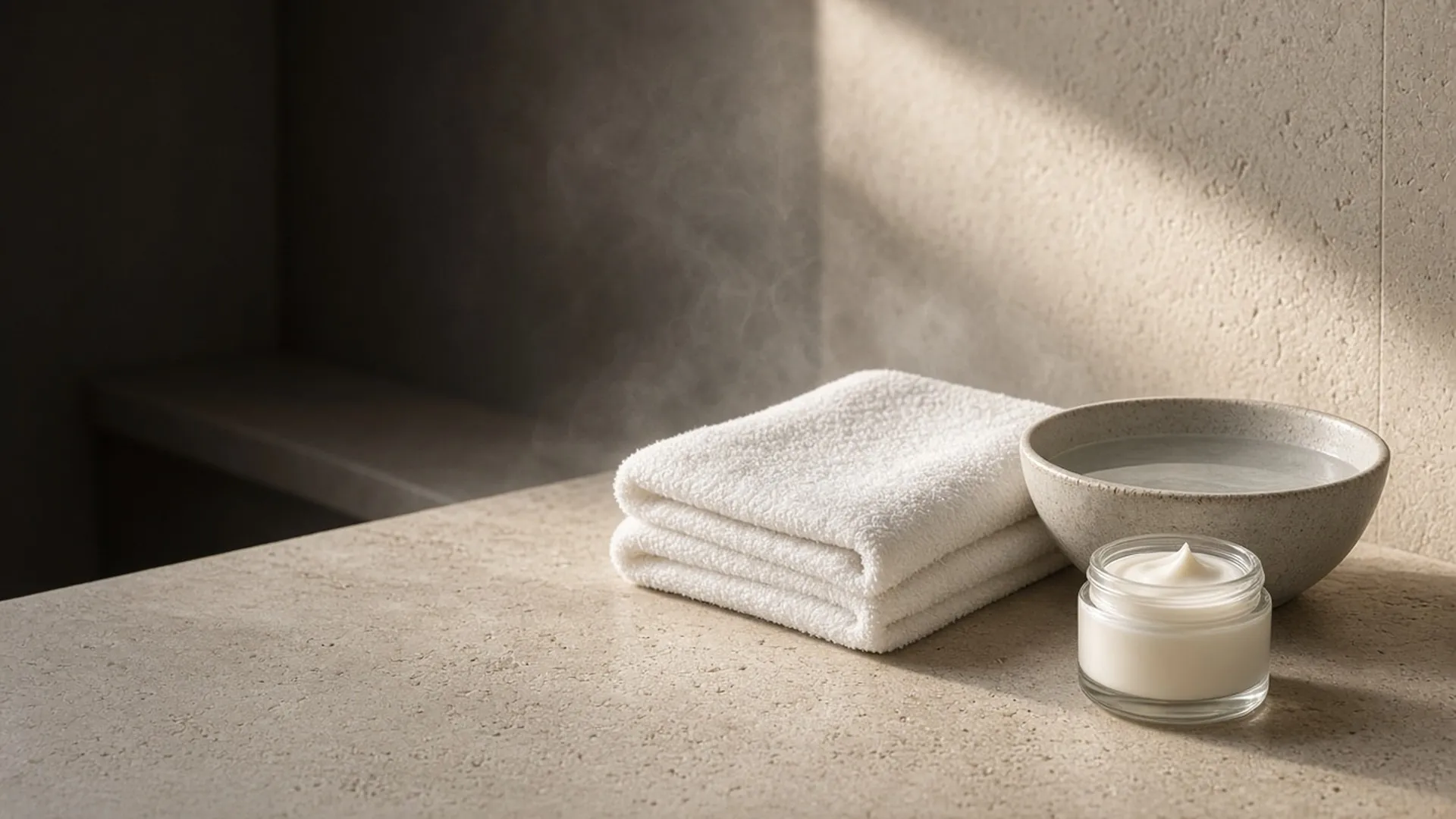 A towel, a bowl of water, and an open jar on a vanity