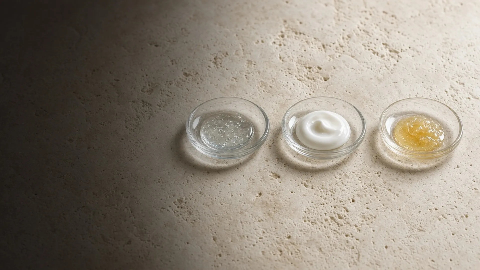 Three dishes of gel, cream, and balm on travertine
