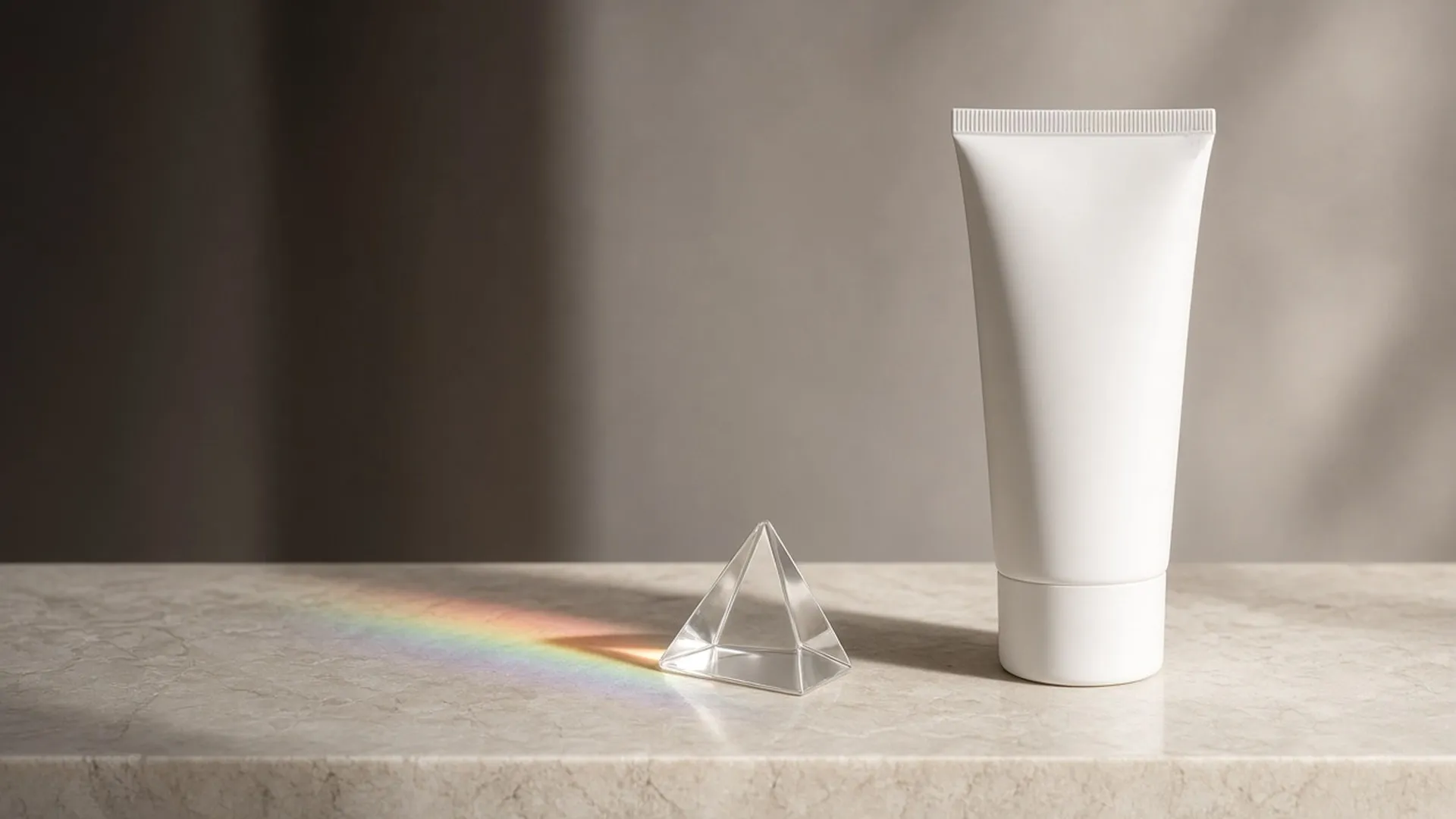 A glass prism casting a soft rainbow beside a plain tube