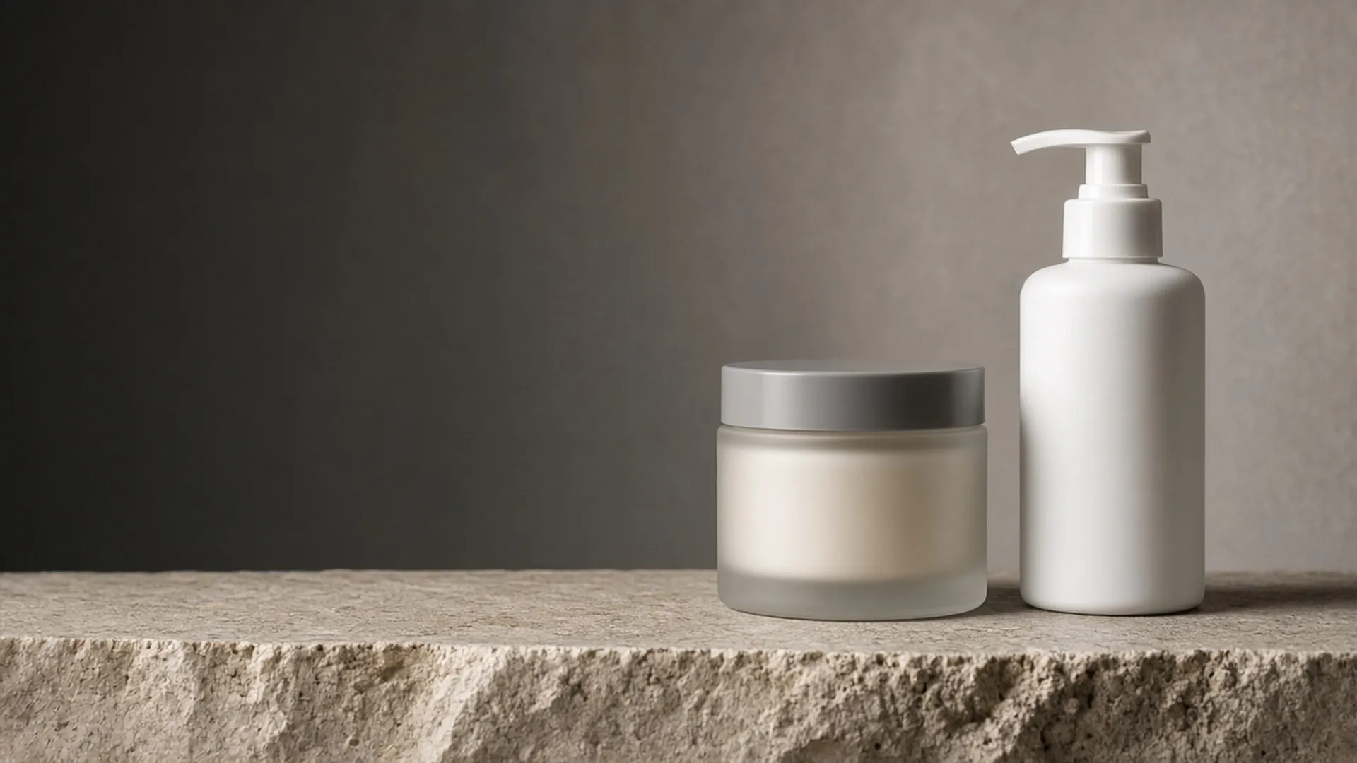 A frosted jar and a plain white bottle on a stone ledge