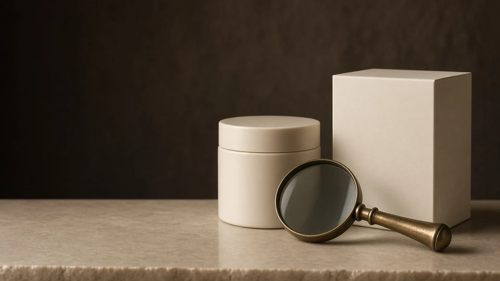 A plain jar, a blank carton, and a magnifying glass