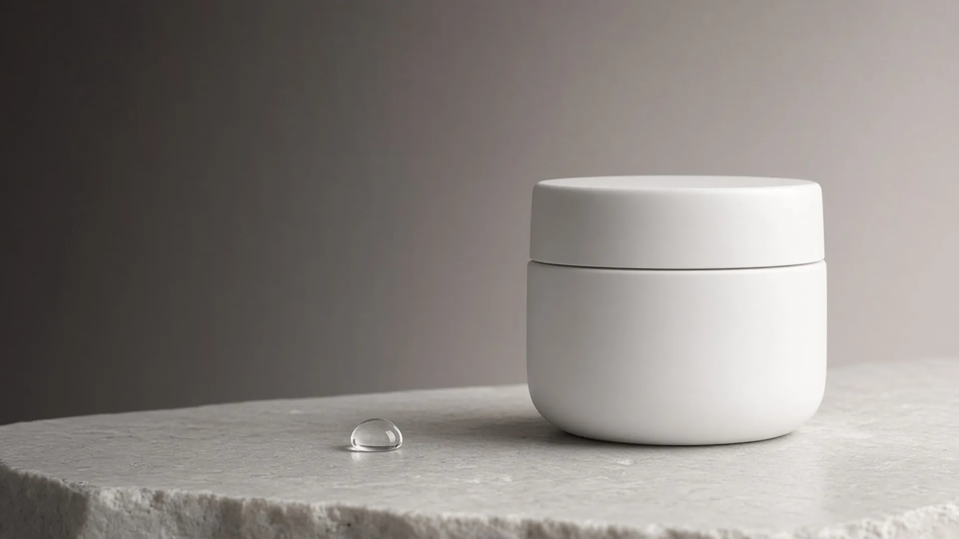 A white jar and a water droplet on pale stone