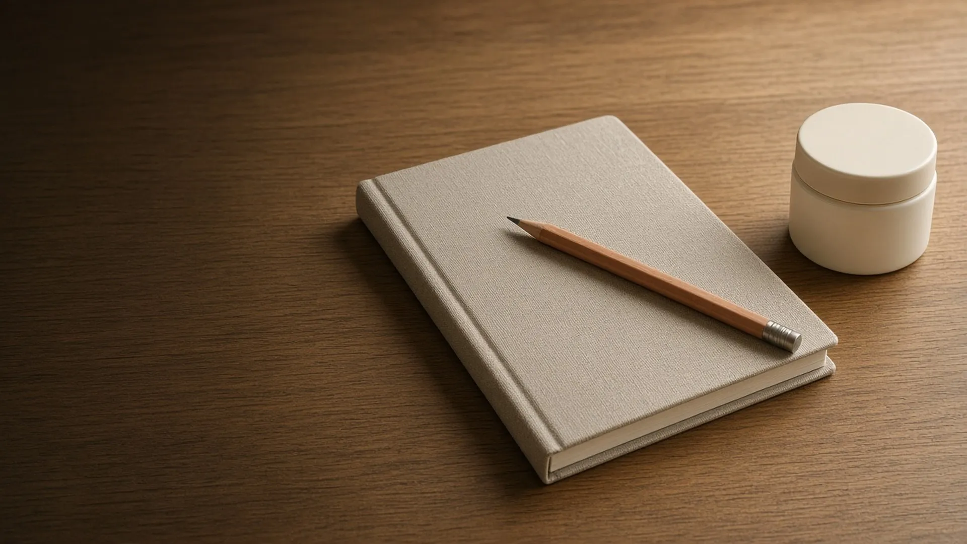 An open notebook beside an unlabeled jar
