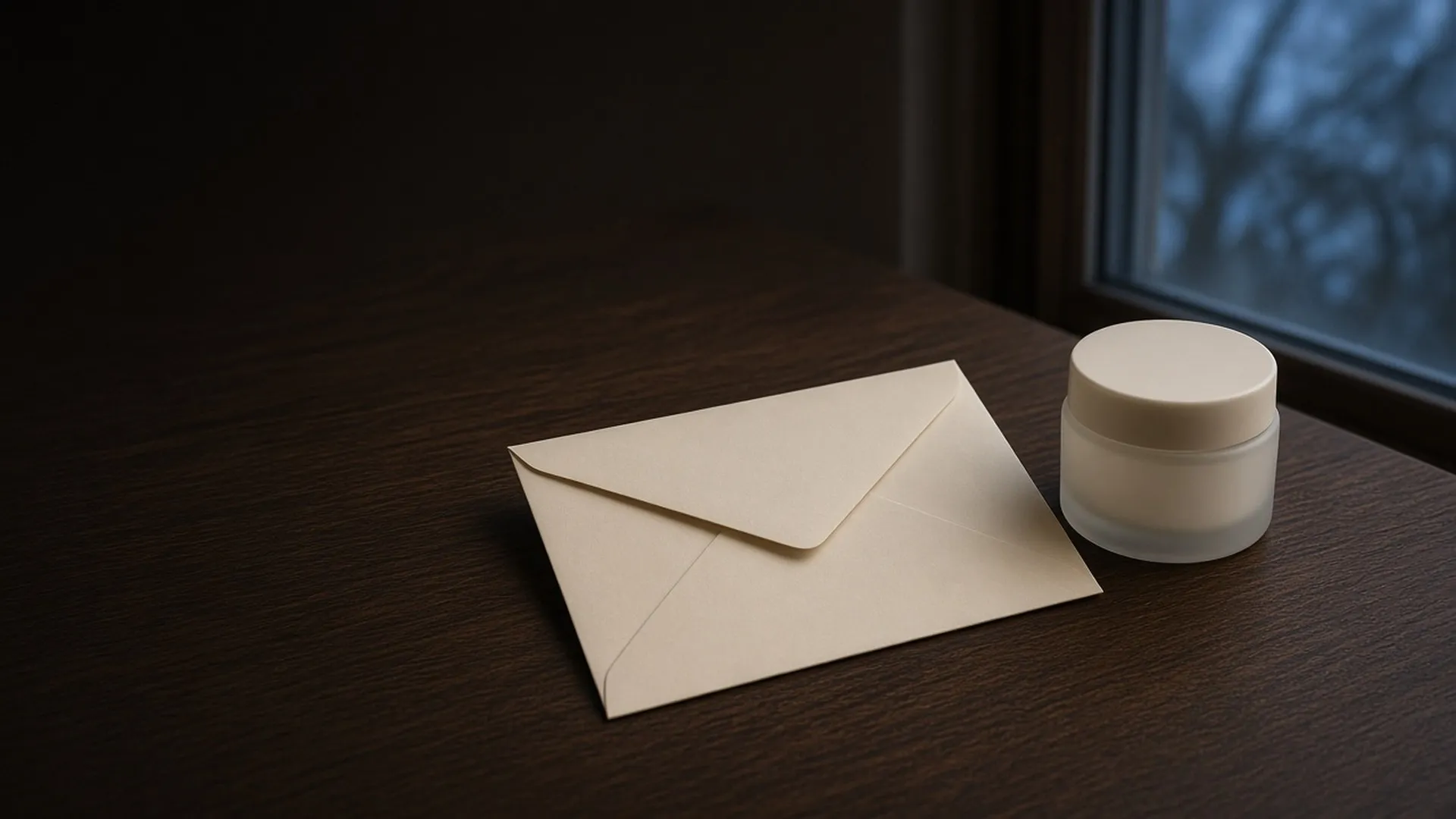 A sealed envelope beside a jar on a stone ledge