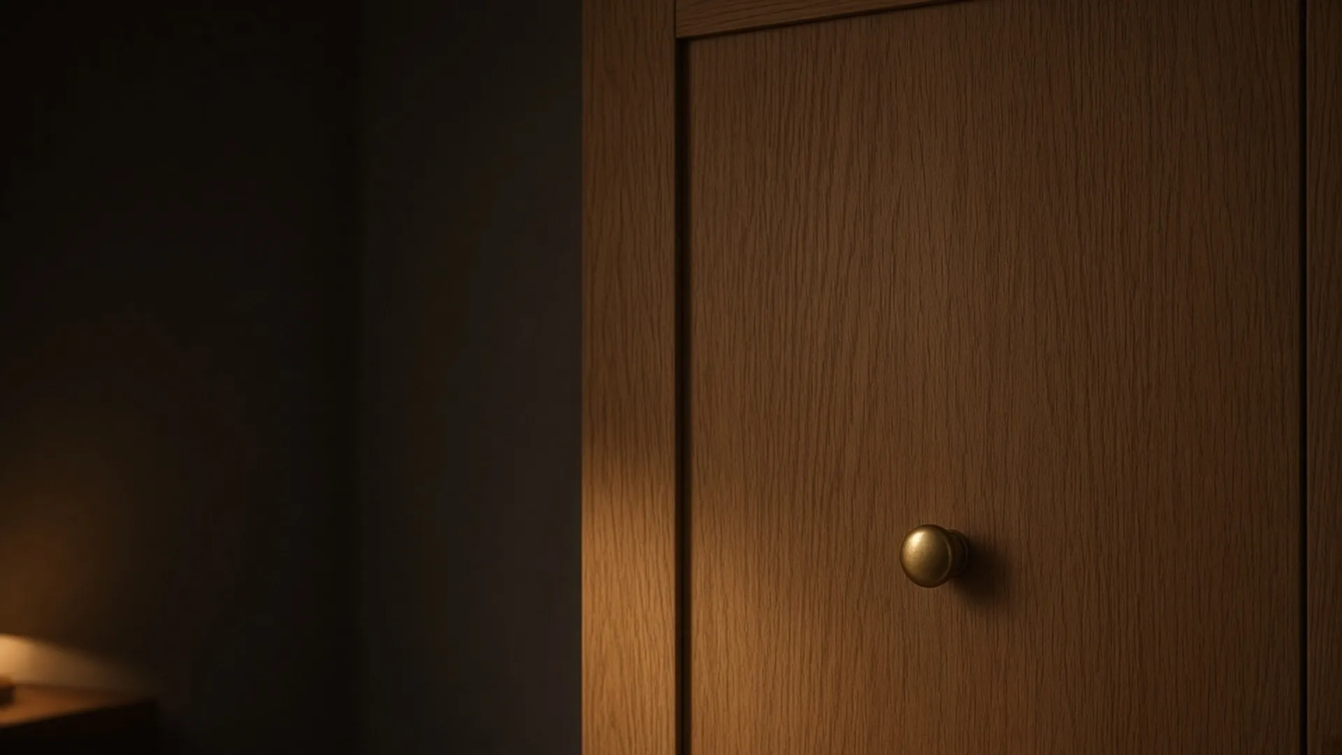 A closed oak cabinet in lamp light