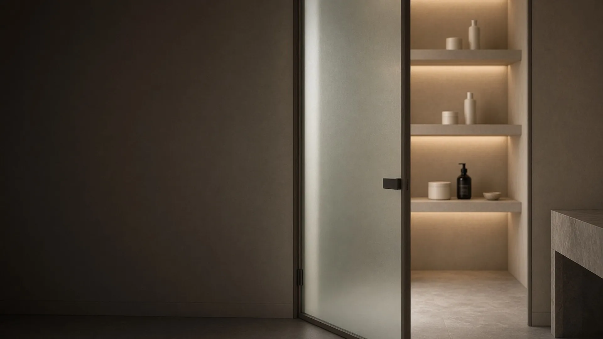 A frosted door opening onto a softly lit bathroom