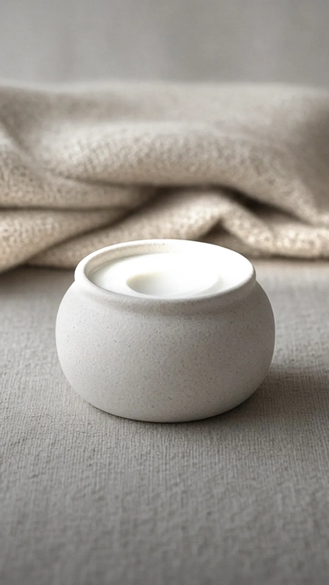 An open jar of rich cream on linen beside a wool throw