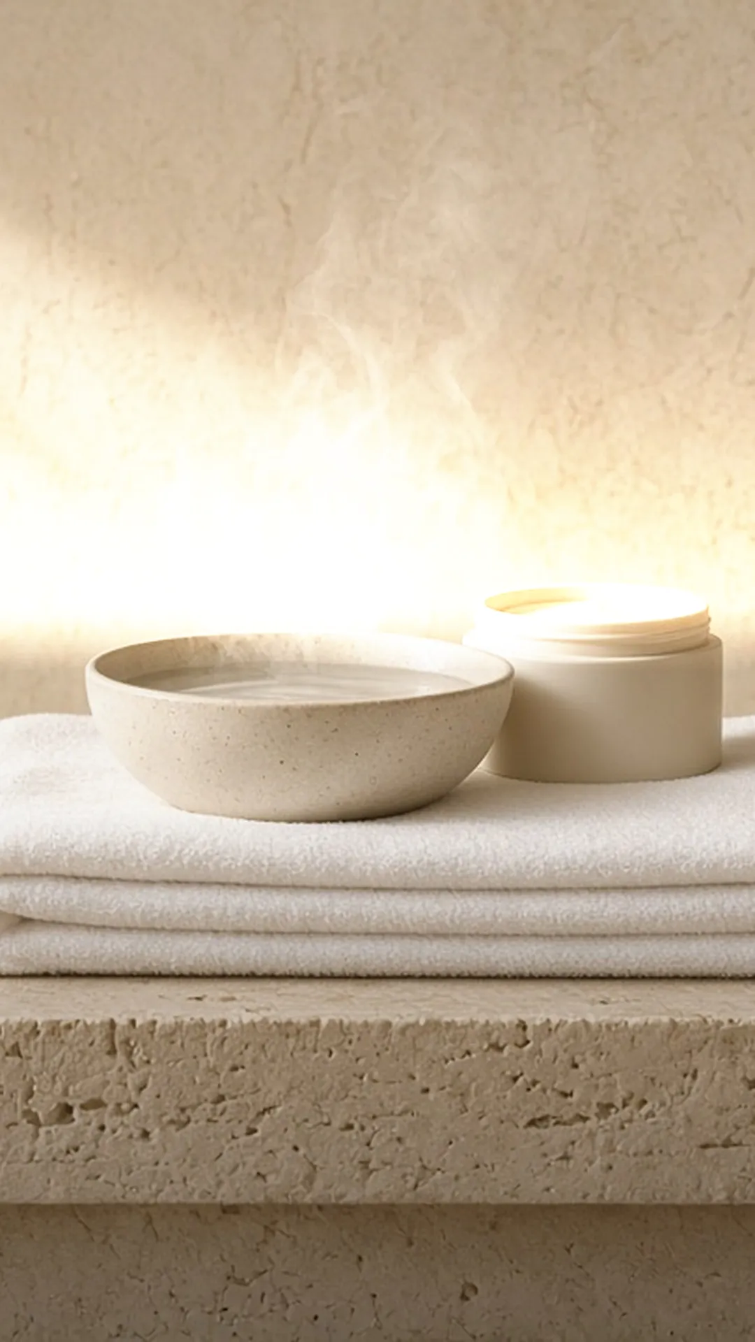 A towel, a bowl of water, and an open jar on a vanity