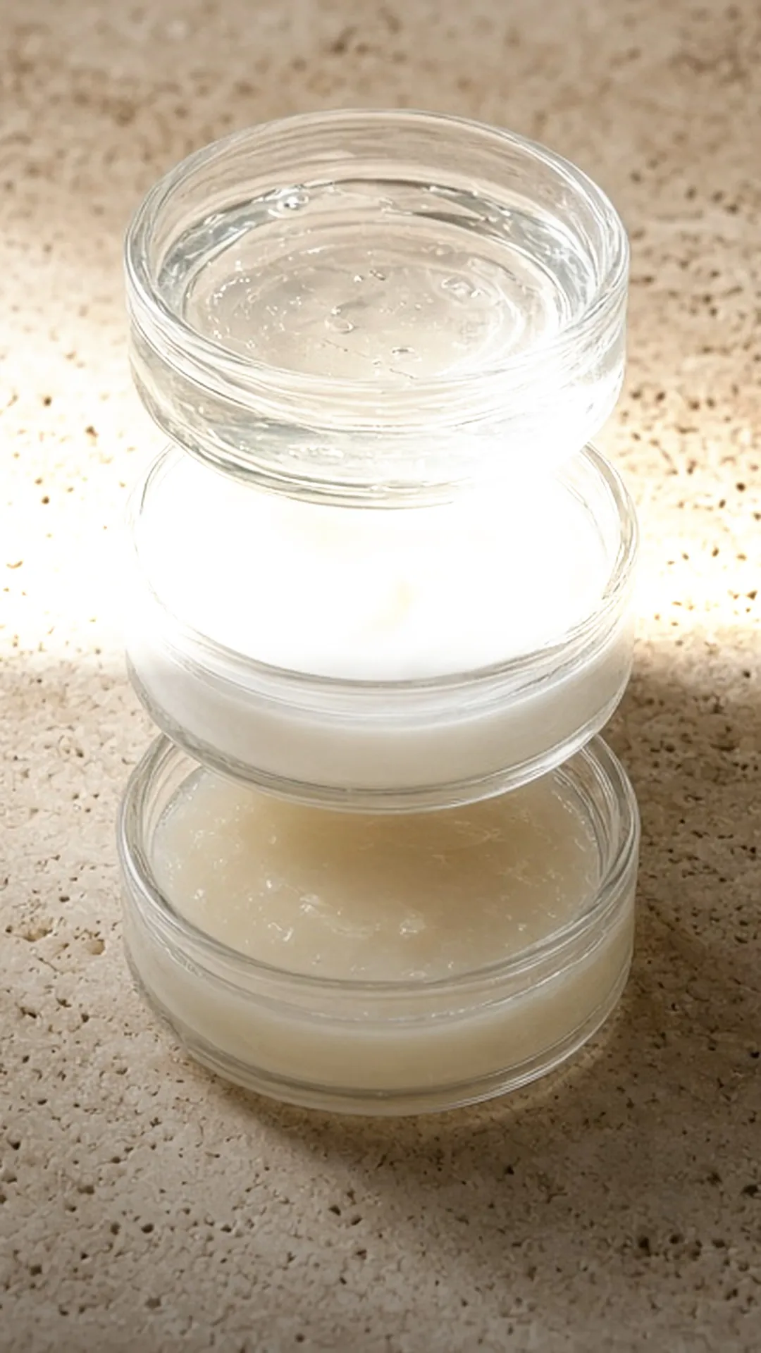 Three dishes of gel, cream, and balm on travertine