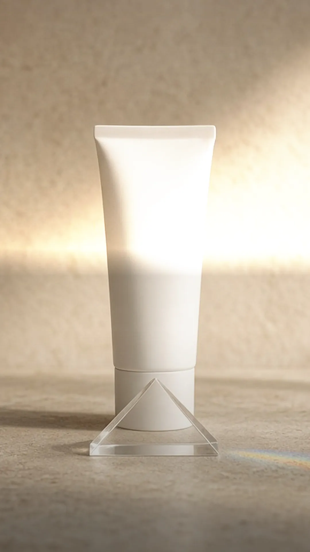 A glass prism casting a soft rainbow beside a plain tube