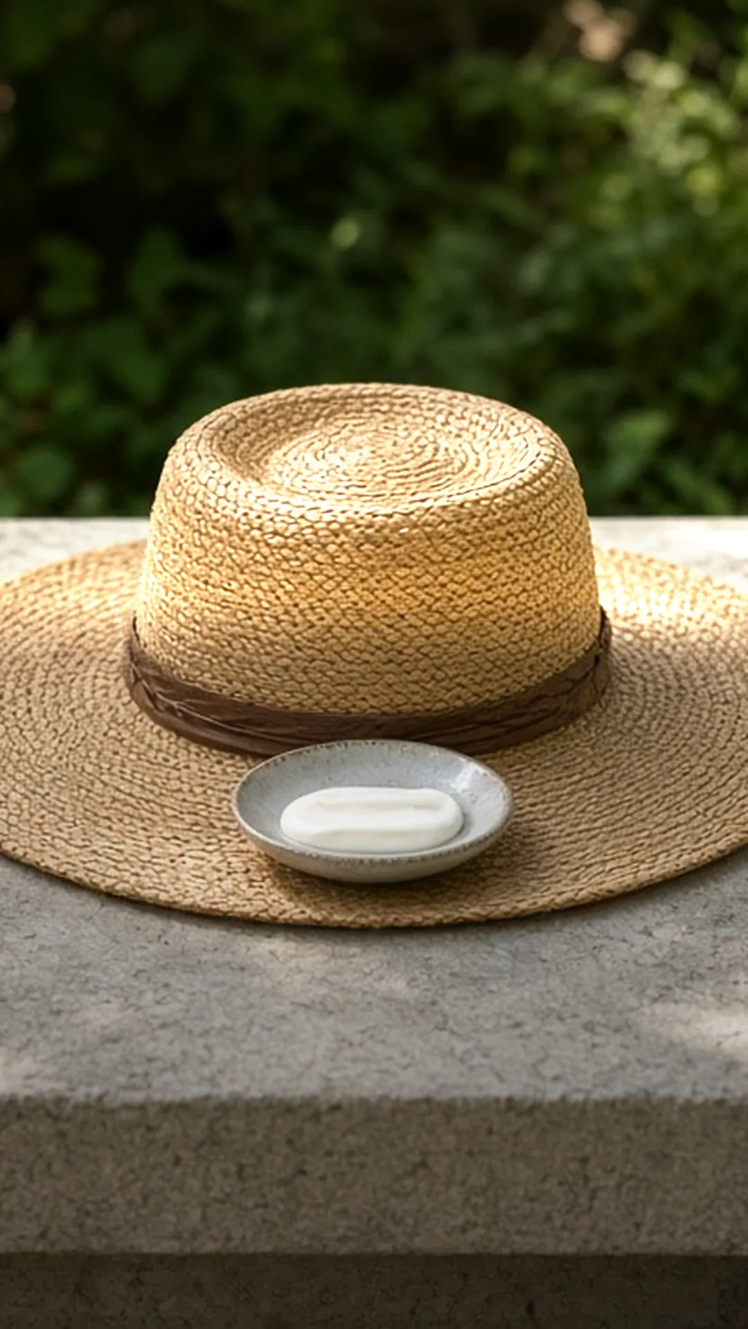 A straw hat and a dish of white cream on a shaded bench