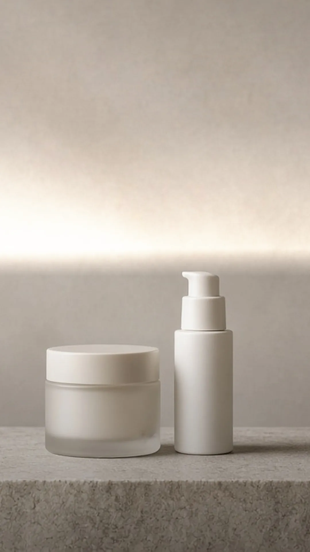 A frosted jar and a plain white bottle on a stone ledge