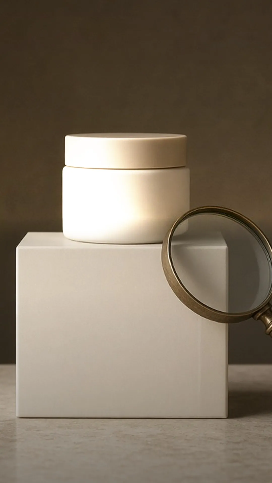 A plain jar, a blank carton, and a magnifying glass