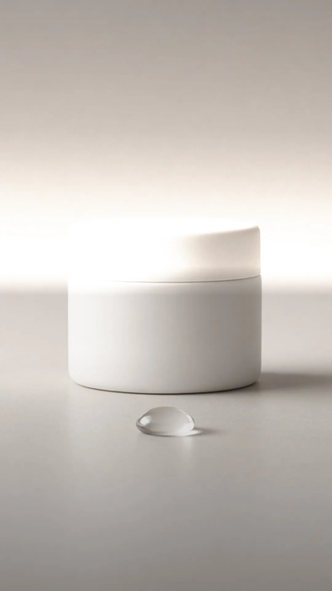 A white jar and a water droplet on pale stone