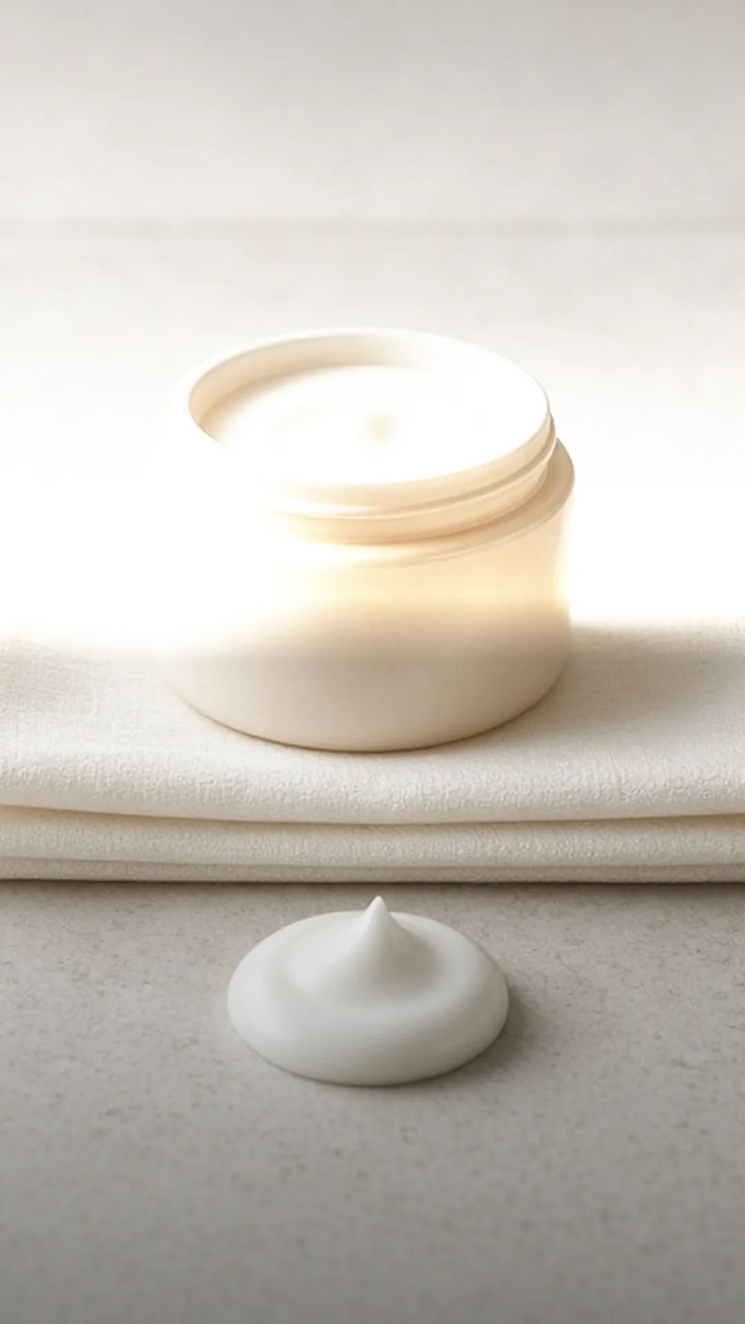 A small dab of cream on a tile beside an open jar