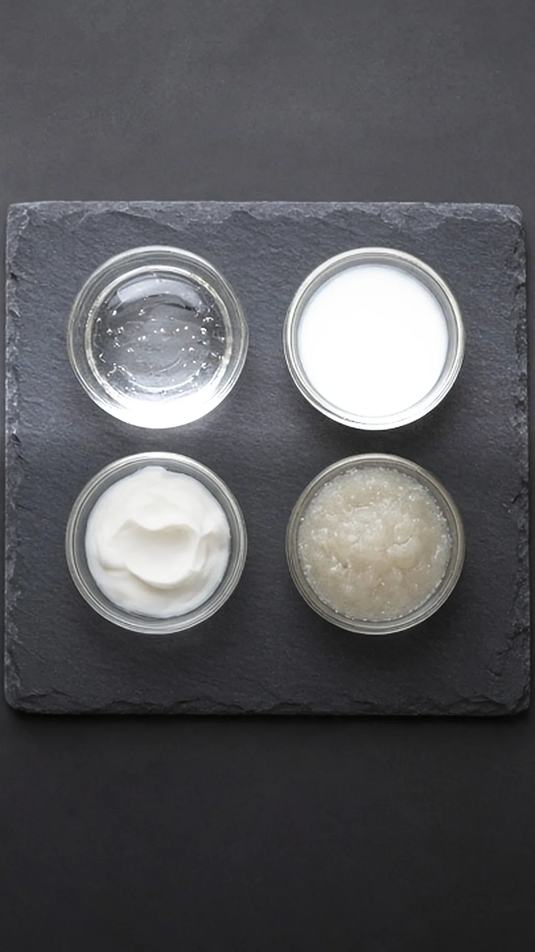 Four textures in glass dishes on a slate tray