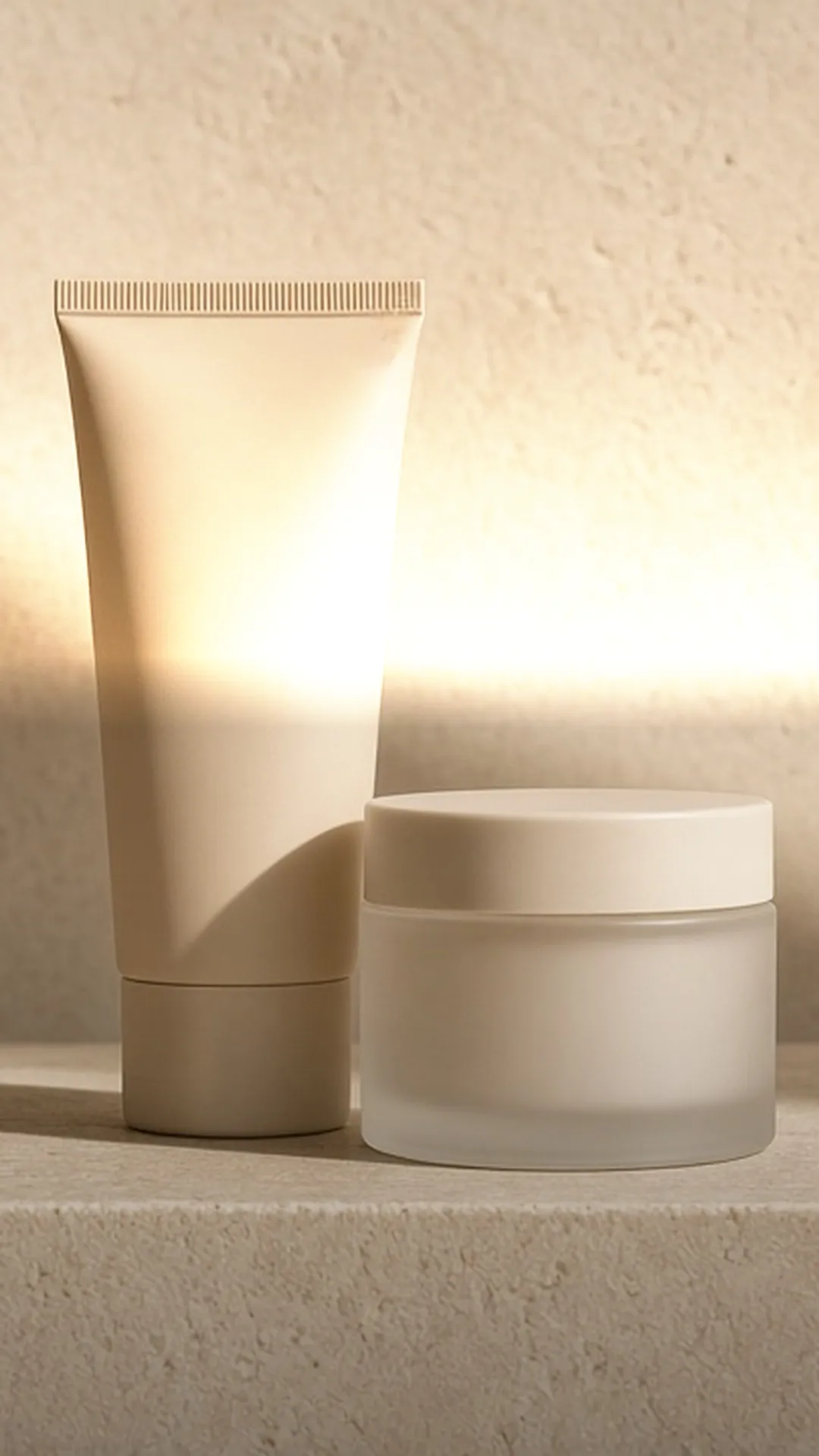A plain tube and a frosted jar on a sunlit stone ledge