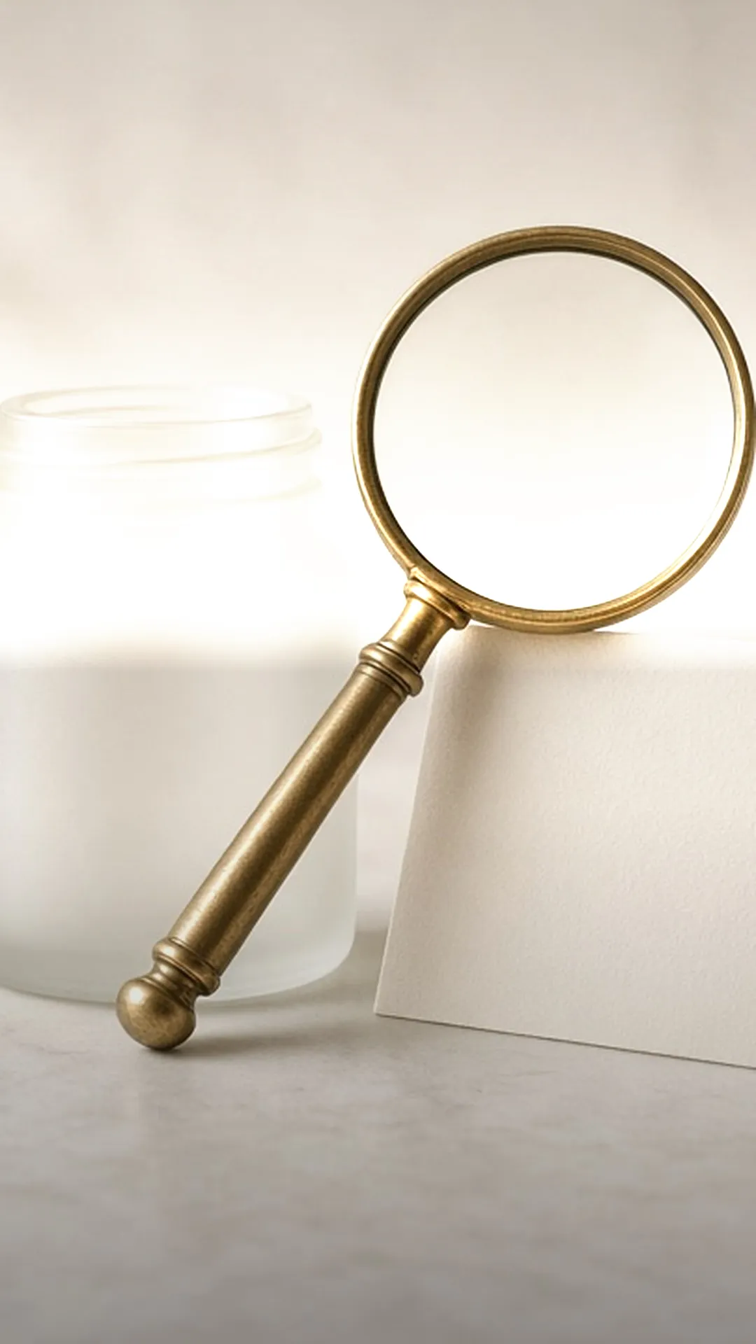 A blank card, a frosted jar, and a magnifying glass