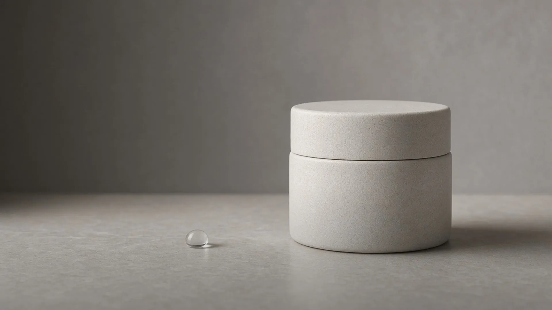 A white jar and a water droplet on pale stone